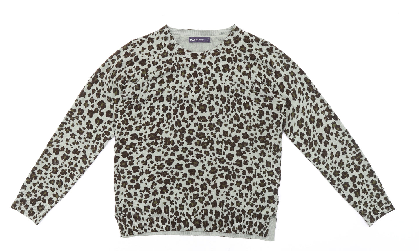 Marks and Spencer Womens Grey Round Neck Animal Print Acrylic Pullover Jumper Size 10 - Leopard Print