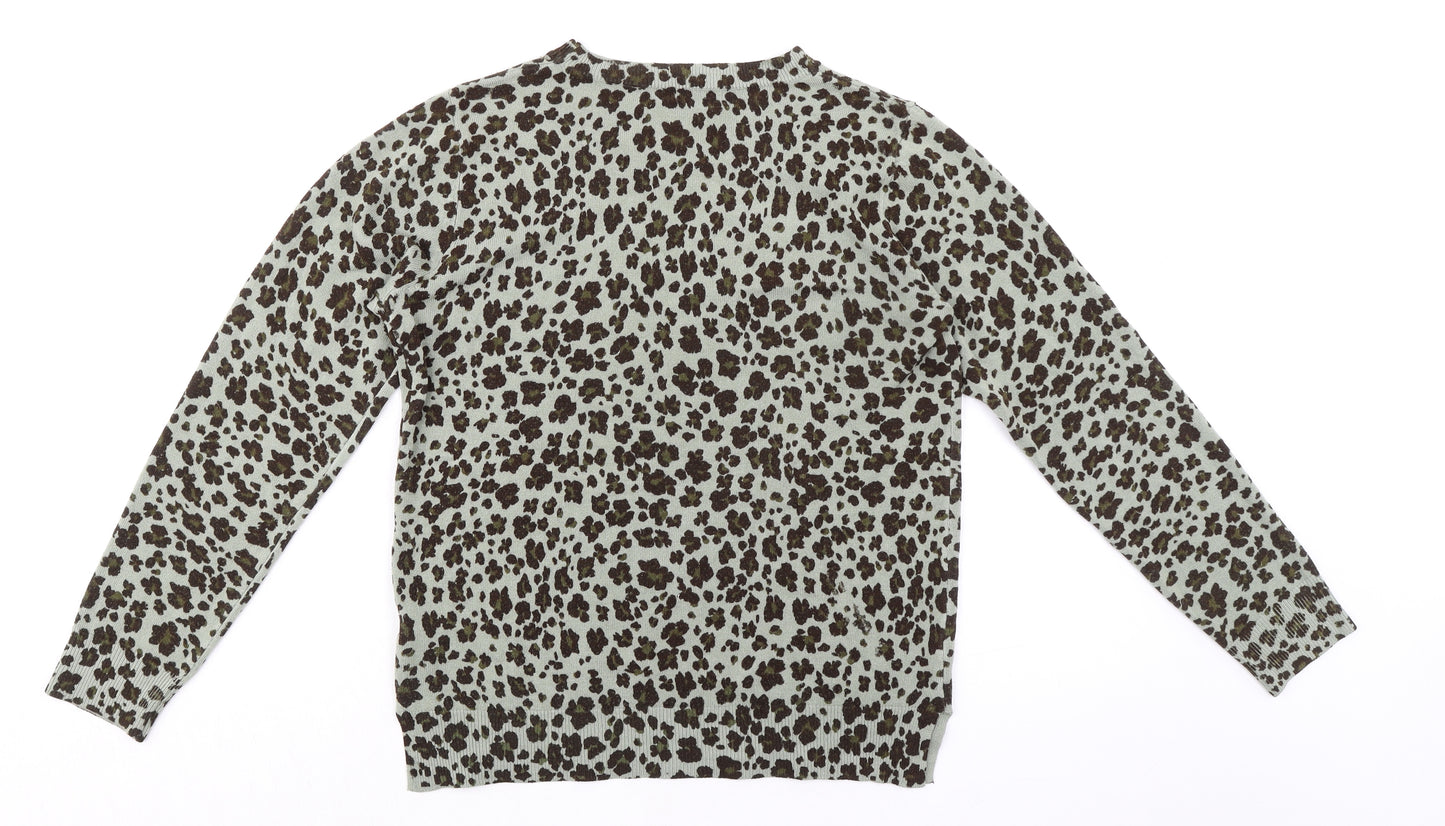 Marks and Spencer Womens Grey Round Neck Animal Print Acrylic Pullover Jumper Size 10 - Leopard Print