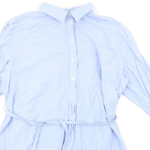 H&M Womens Blue Linen Shirt Dress Size M Collared Button
