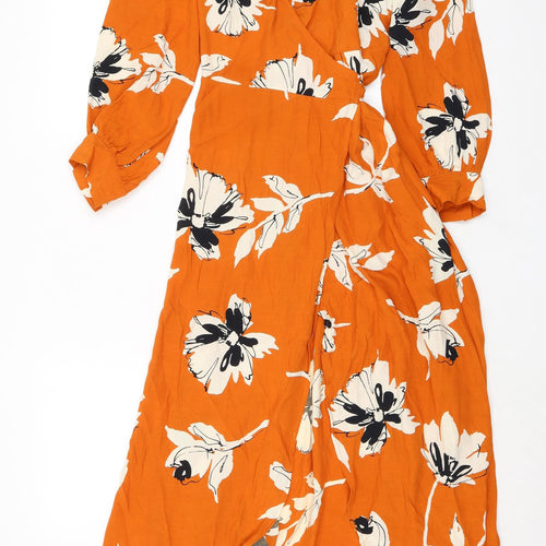NEXT Womens Orange Floral Viscose Wrap Dress Size 10 V-Neck Tie