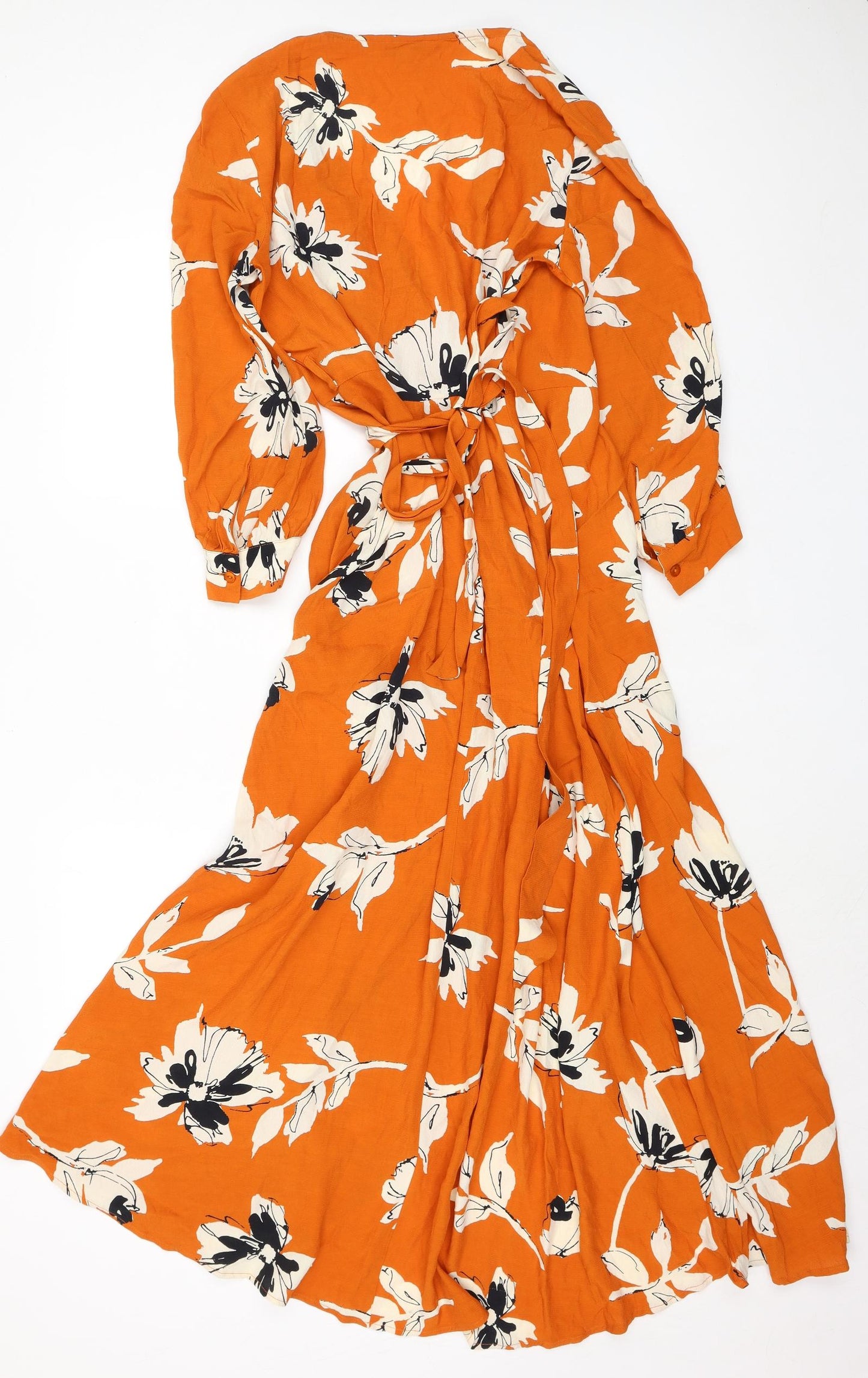 NEXT Womens Orange Floral Viscose Wrap Dress Size 10 V-Neck Tie