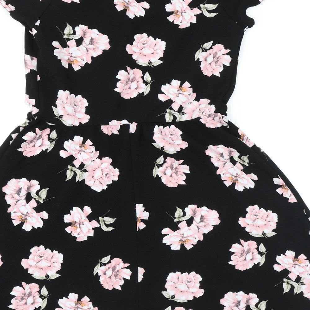 New Look Womens Black Floral Polyester Fit & Flare Size 14 Boat Neck Pullover