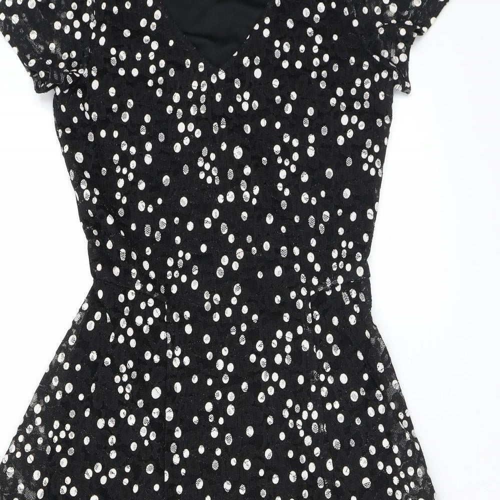 Ronni Nicole Womens Black Polka Dot Polyester Fit & Flare Size 12 V-Neck Pullover