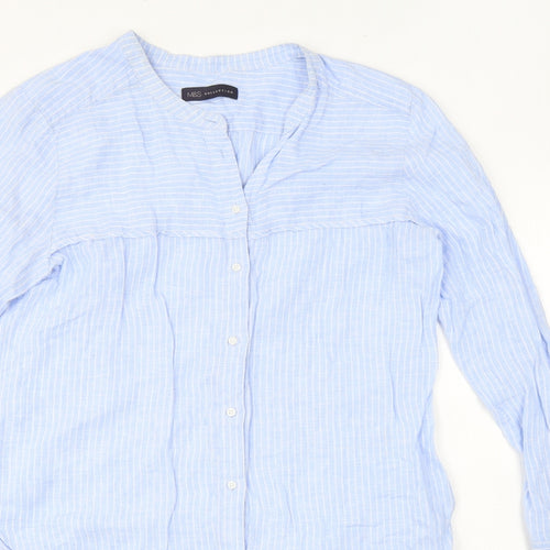 Marks and Spencer Womens Blue Striped Linen Basic Blouse Size 10 Round Neck