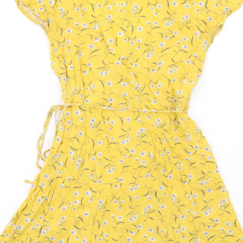 H&M Womens Yellow Floral Viscose Wrap Dress Size 8 V-Neck Tie