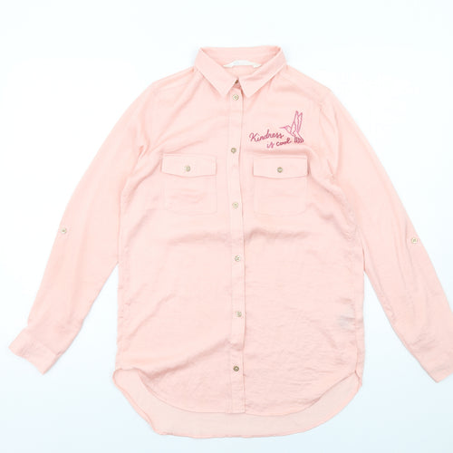 H&M Girls Pink Polyester Basic Button-Up Size 11-12 Years Collared Button - Kindness Is Cool