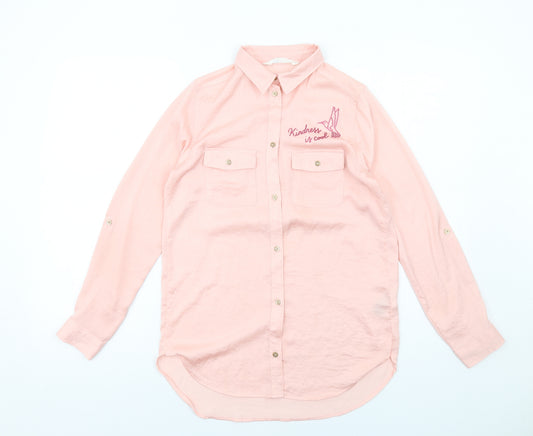 H&M Girls Pink Polyester Basic Button-Up Size 11-12 Years Collared Button - Kindness Is Cool