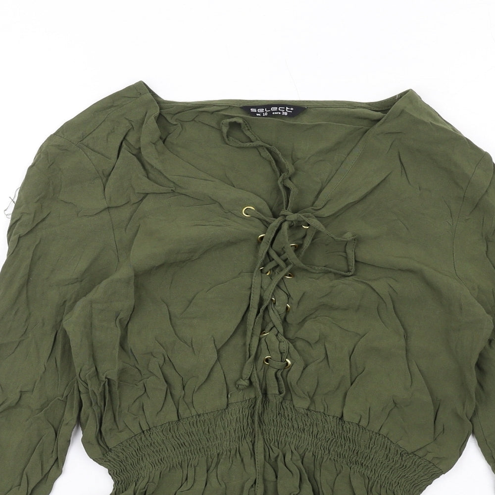 Select Womens Green Viscose Basic Blouse Size 10 V-Neck - Lace Up Front Detail