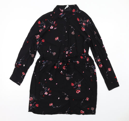 Warehouse Womens Black Floral Viscose Shirt Dress Size 10 Collared Button