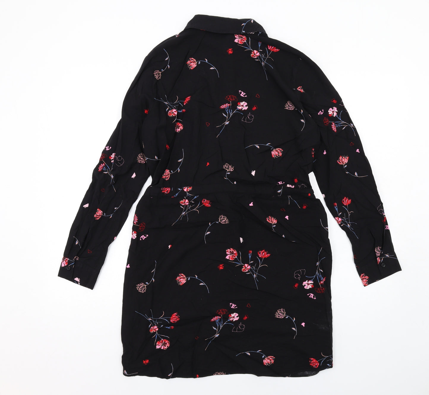 Warehouse Womens Black Floral Viscose Shirt Dress Size 10 Collared Button