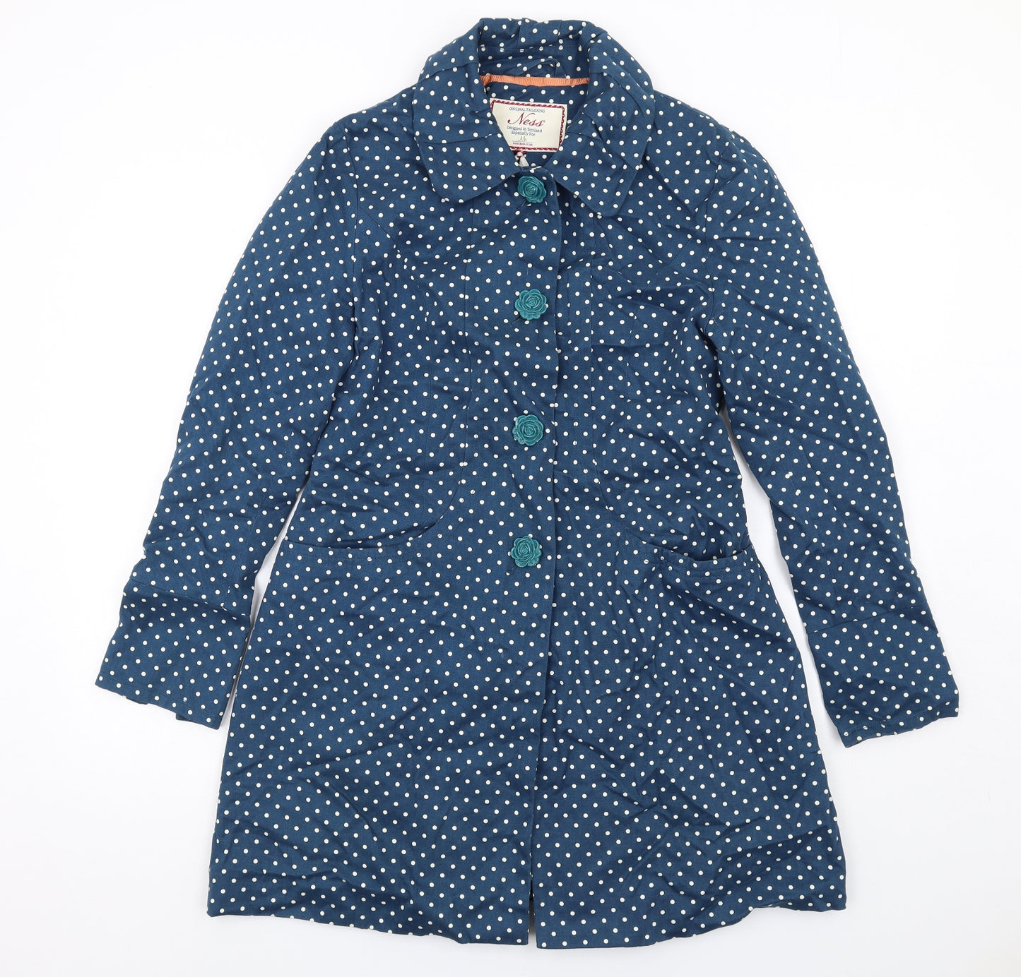 Ness Womens Blue Polka Dot Pea Coat Coat Size 10 Button