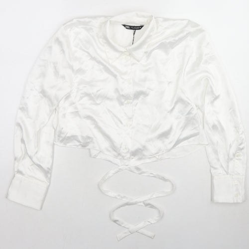Zara Womens White Polyester Cropped Button-Up Size S Collared