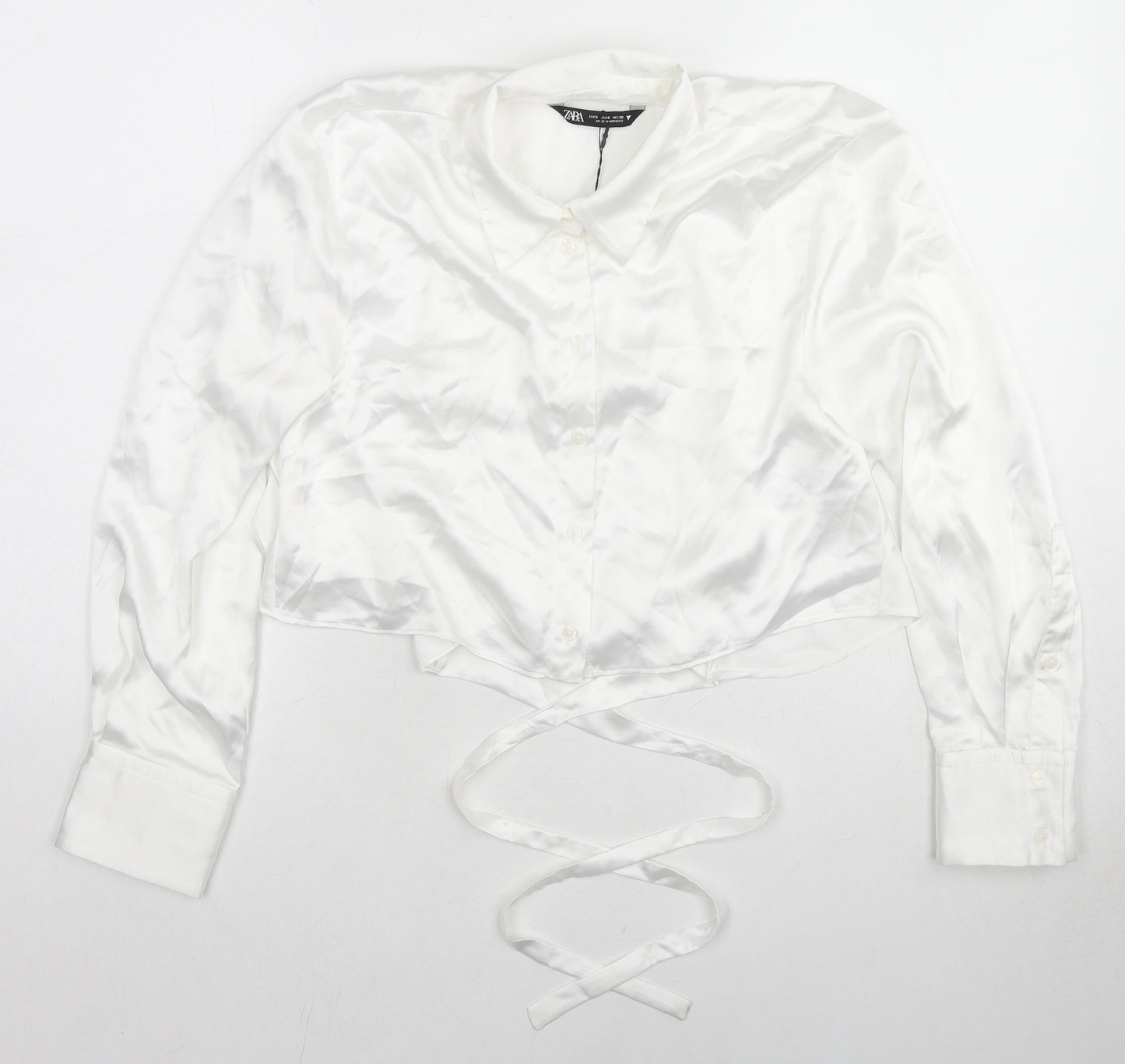 Zara Womens White Polyester Cropped Button-Up Size S Collared