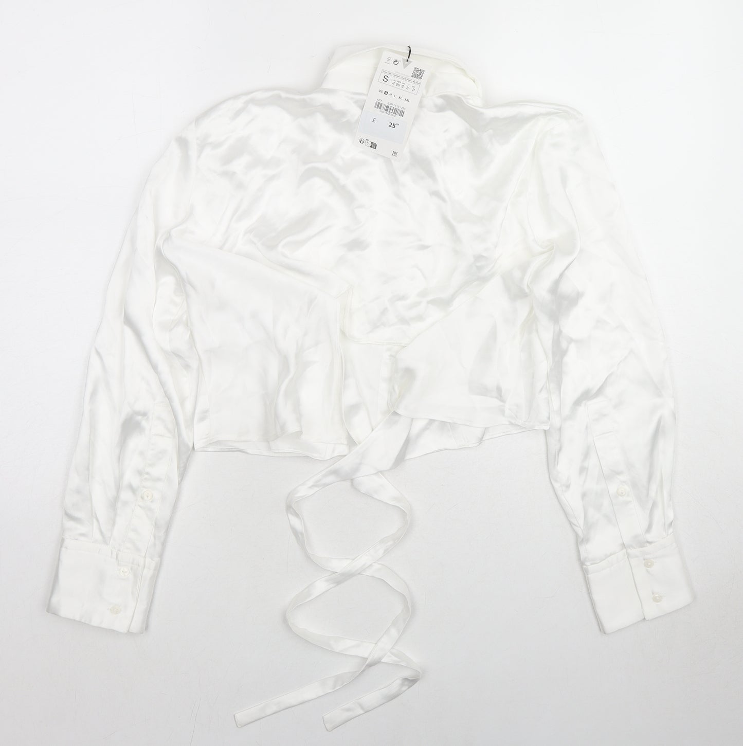 Zara Womens White Polyester Cropped Button-Up Size S Collared