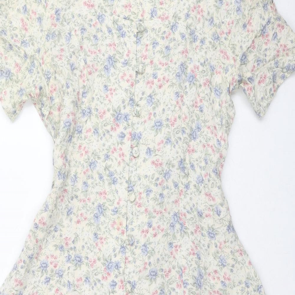C&A Womens Multicoloured Floral Cotton A-Line Size 12 V-Neck Button