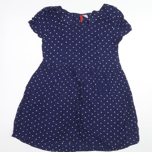 Divided by H&M Womens Blue Polka Dot Viscose A-Line Size 8 Round Neck Pullover - Lace Up Detail