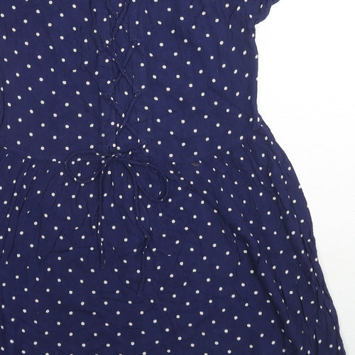 Divided by H&M Womens Blue Polka Dot Viscose A-Line Size 8 Round Neck Pullover - Lace Up Detail