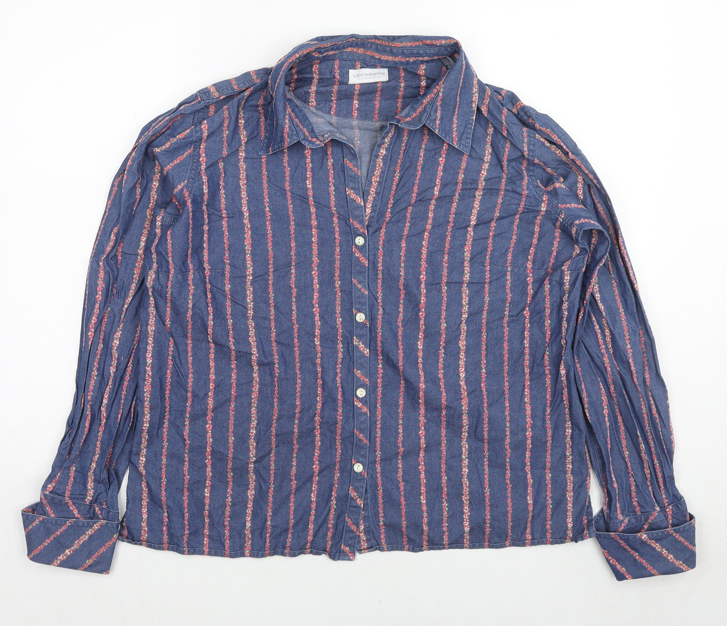 Liz Claiborne Womens Blue Striped Cotton Basic Button-Up Size L Collared