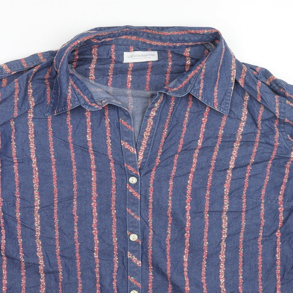 Liz Claiborne Womens Blue Striped Cotton Basic Button-Up Size L Collared