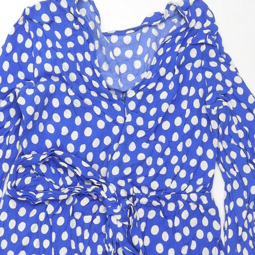 Zara Womens Blue Polka Dot Viscose A-Line Size S V-Neck Zip