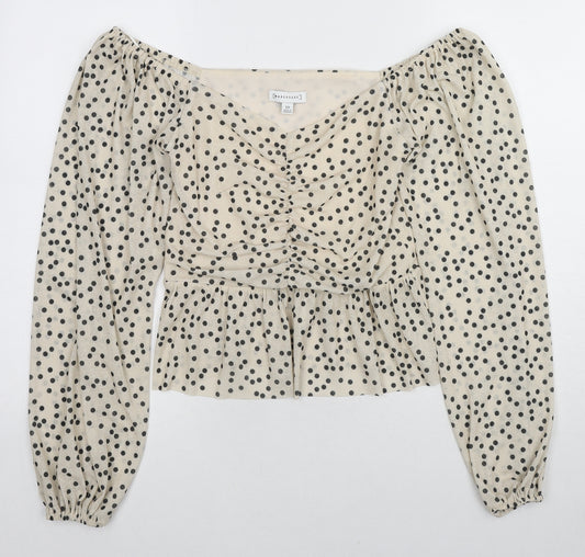 Warehouse Womens Beige Polka Dot Polyester Basic Blouse Size 10 V-Neck
