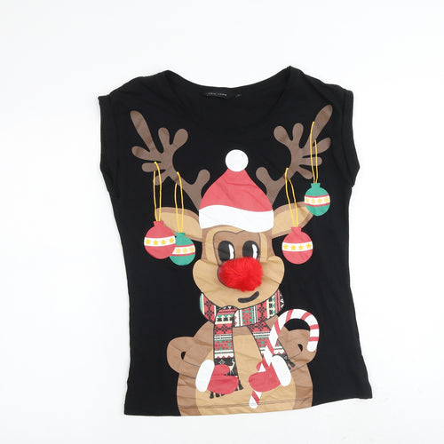 New Look Womens Black 100% Cotton Basic T-Shirt Size 8 Round Neck - Reindeer Christmas
