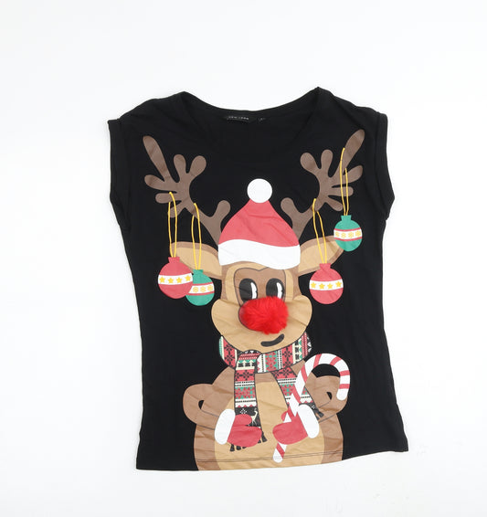 New Look Womens Black 100% Cotton Basic T-Shirt Size 8 Round Neck - Reindeer Christmas