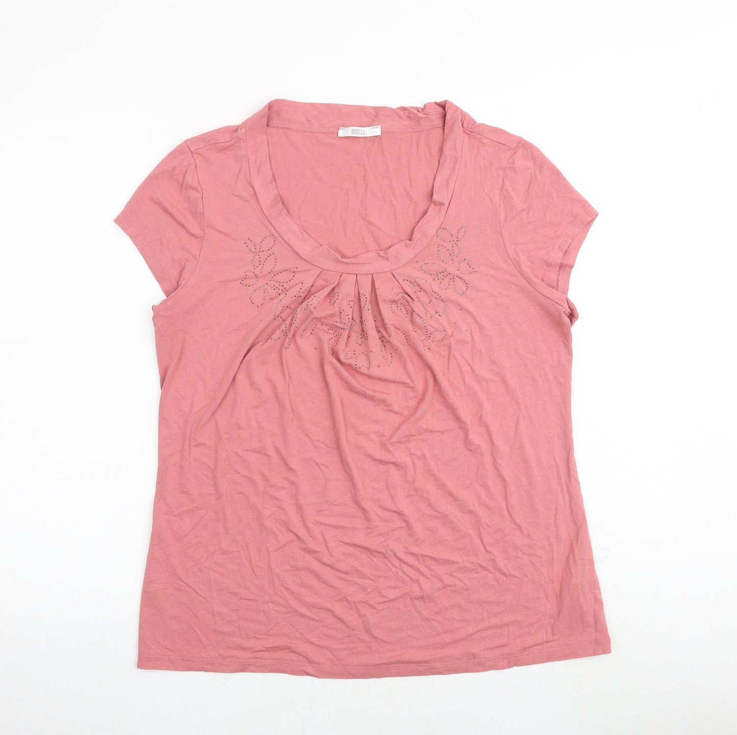 Marks and Spencer Womens Pink Viscose Basic T-Shirt Size 14 Scoop Neck