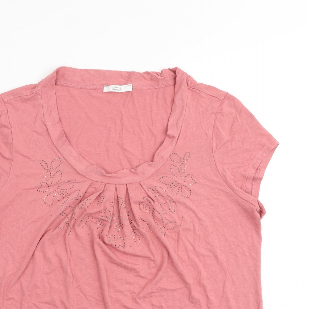 Marks and Spencer Womens Pink Viscose Basic T-Shirt Size 14 Scoop Neck