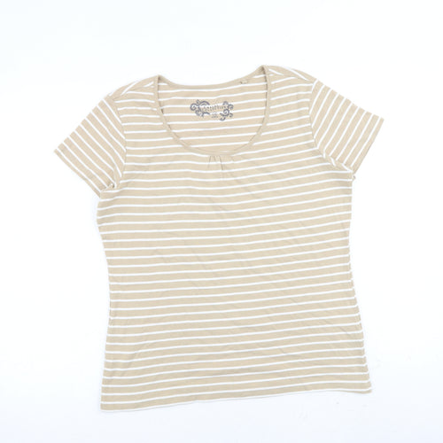 Casual Collection Womens Beige Striped 100% Cotton Basic T-Shirt Size 14 Round Neck