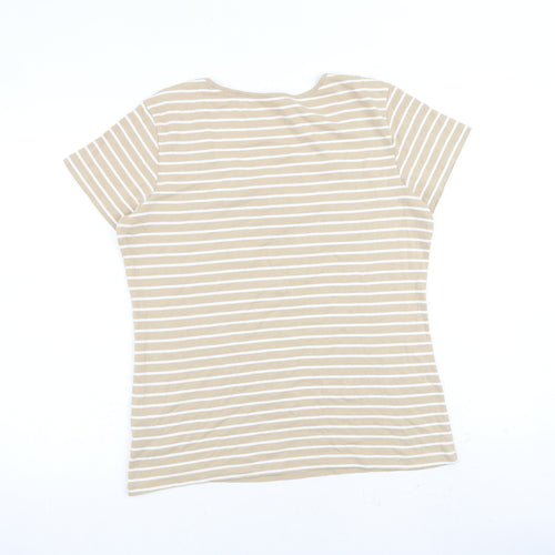 Casual Collection Womens Beige Striped 100% Cotton Basic T-Shirt Size 14 Round Neck