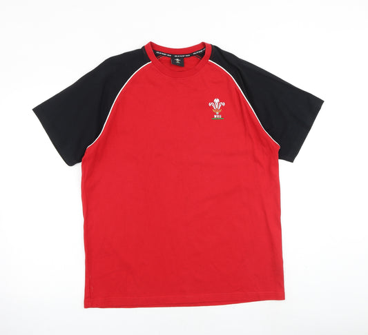 Welsh Rugby Union Mens Red Colourblock Cotton T-Shirt Size L Crew Neck