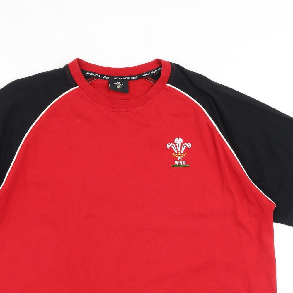 Welsh Rugby Union Mens Red Colourblock Cotton T-Shirt Size L Crew Neck