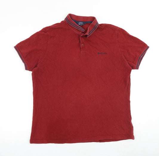Ben Sherman Mens Red 100% Cotton Polo Size L Collared Button