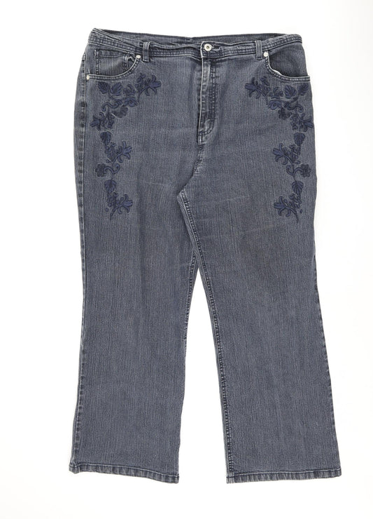 Marks and Spencer Womens Blue Cotton Bootcut Jeans Size 20 L25 in Regular Zip - Floral Detail
