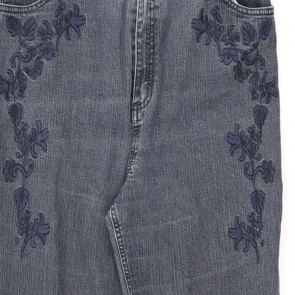 Marks and Spencer Womens Blue Cotton Bootcut Jeans Size 20 L25 in Regular Zip - Floral Detail