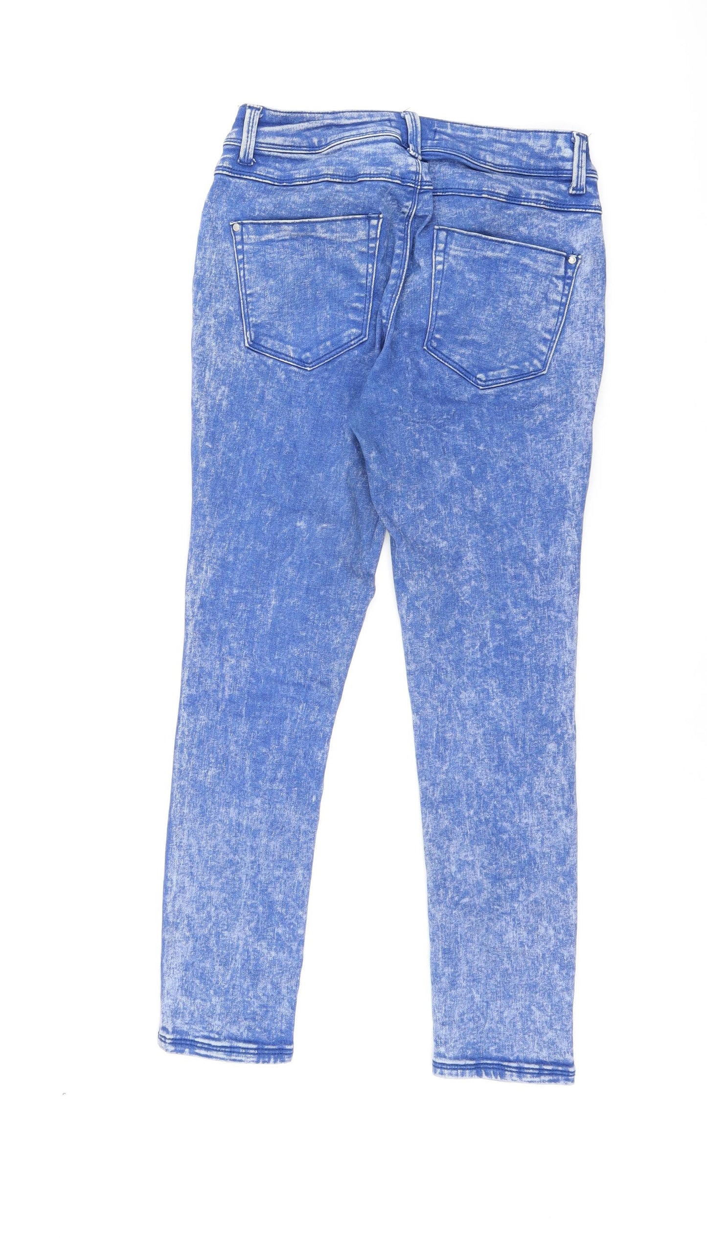 New Look Womens Blue Cotton Skinny Jeans Size 10 L24.5 in Regular Zip - Acid Wash Distressing