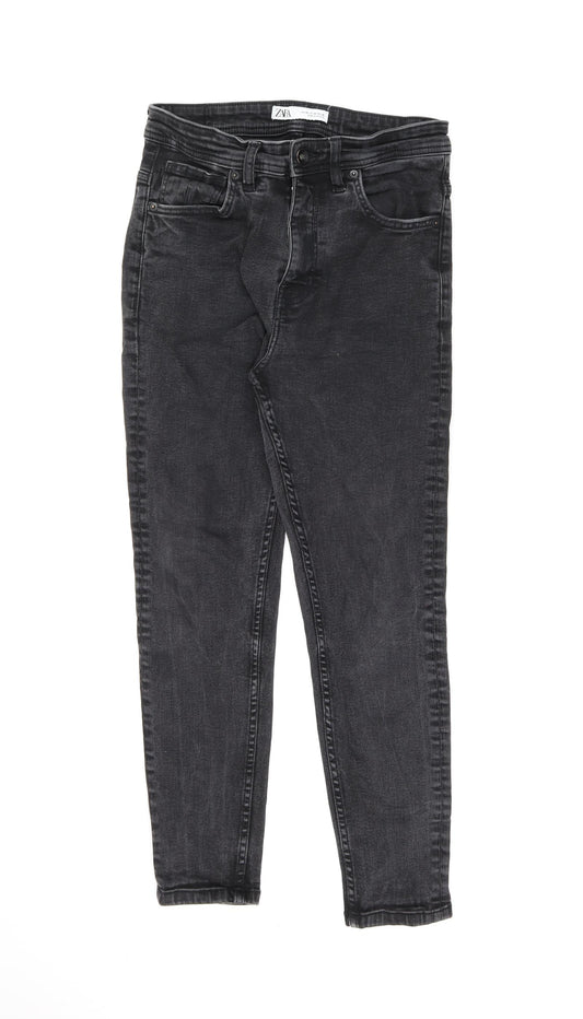 Zara Womens Black Cotton Straight Jeans Size 10 L24 in Regular Zip - Acid Wash Distressing