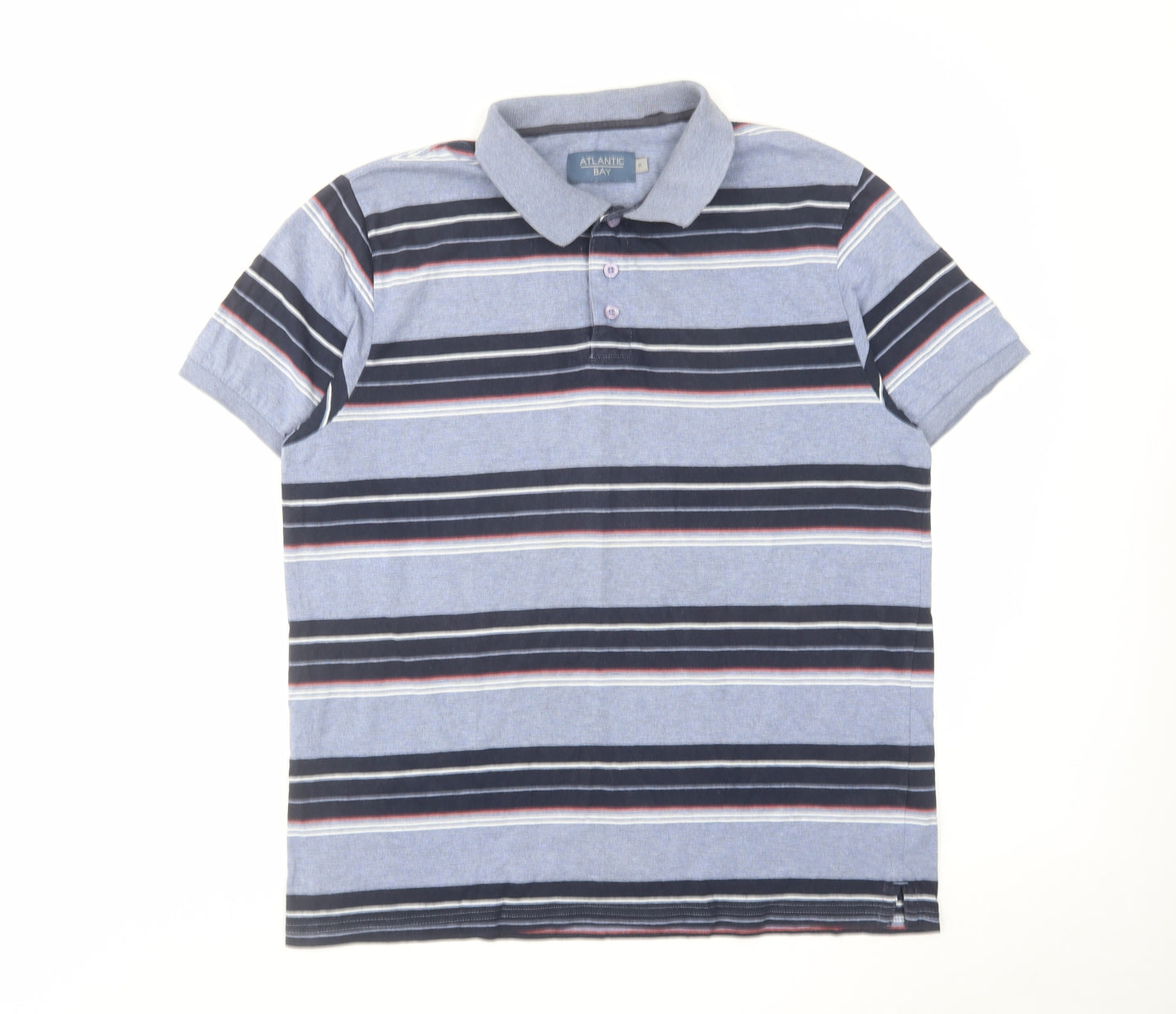 Atlantic Bay Mens Blue Striped Cotton Polo Size M Collared Button