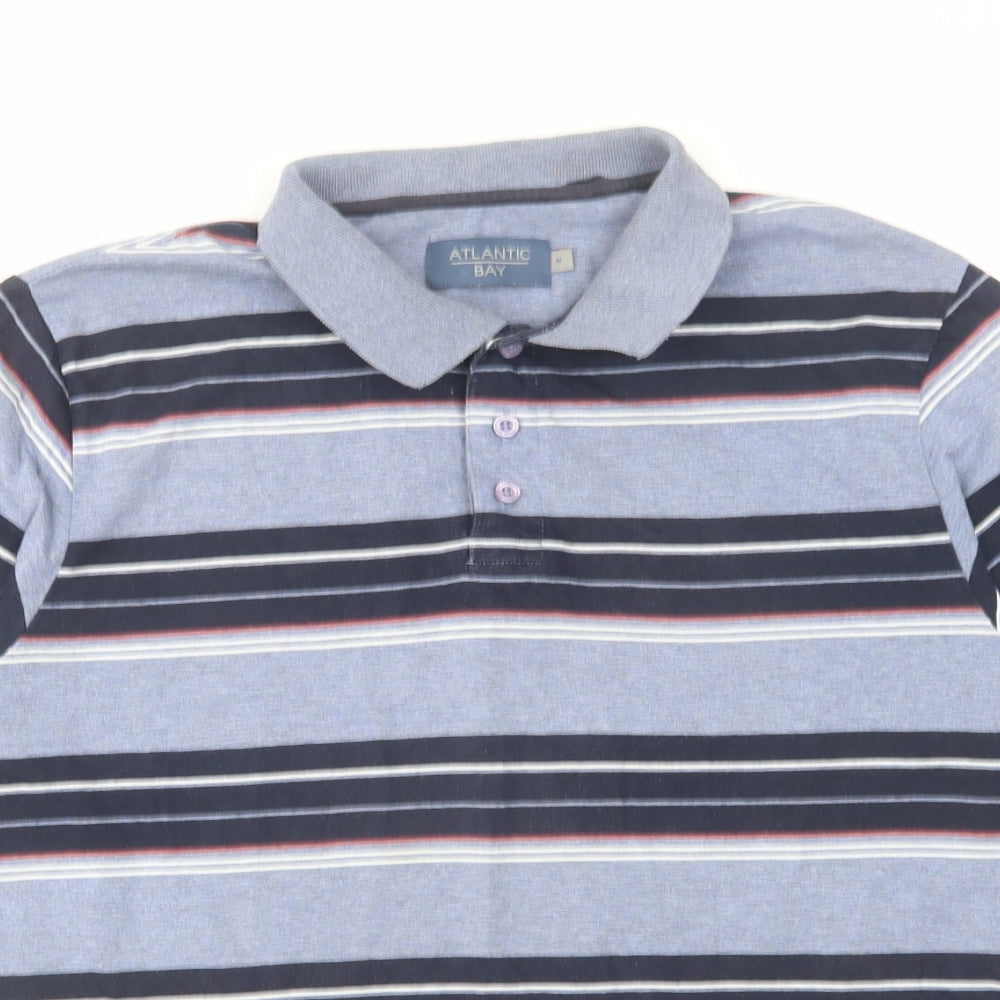 Atlantic Bay Mens Blue Striped Cotton Polo Size M Collared Button