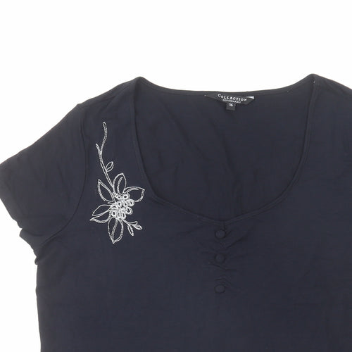 Debenhams Womens Blue Viscose Basic T-Shirt Size 16 Scoop Neck - Flower Detail