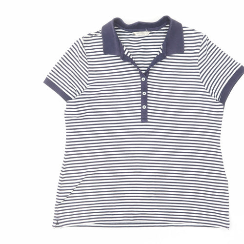 Marks and Spencer Womens Blue Striped Cotton Basic Polo Size 14 Collared