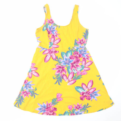 Dorothy Perkins Womens Yellow Floral Cotton Skater Dress Size 14 Scoop Neck Pullover