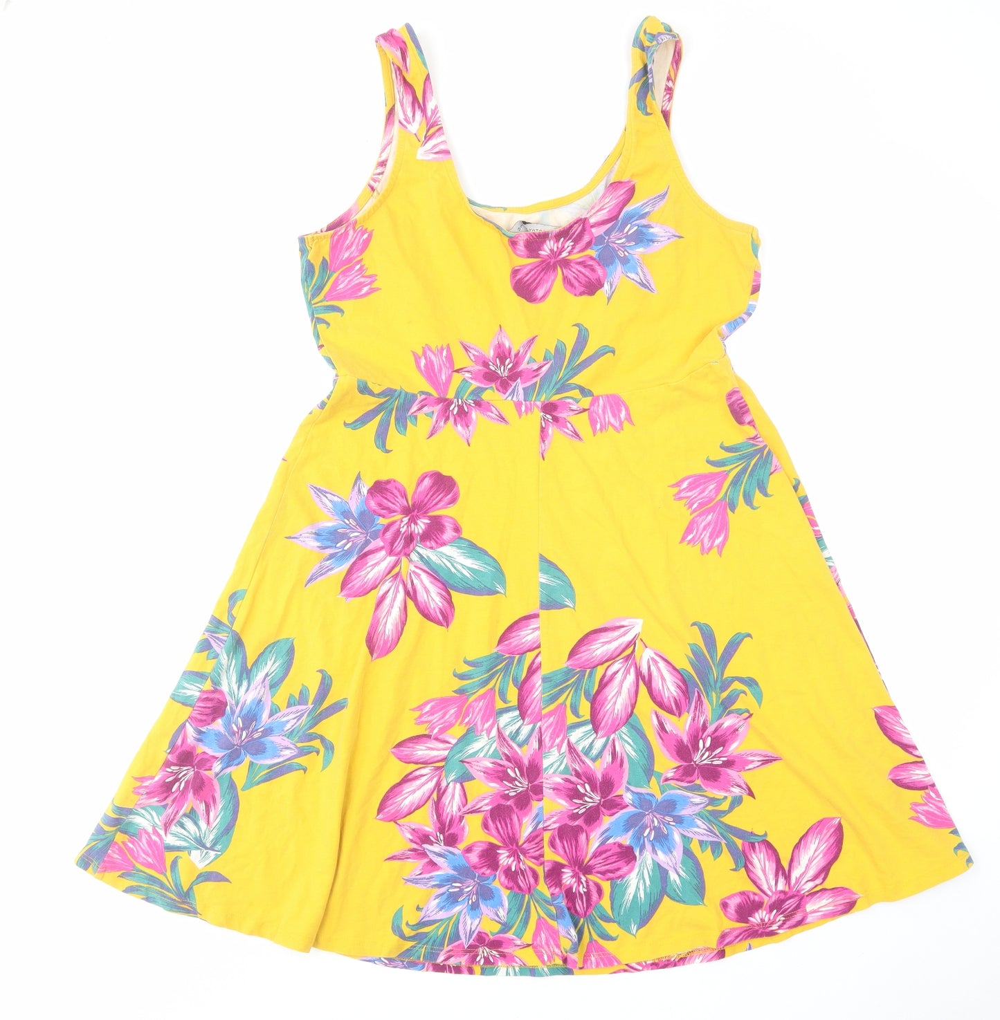 Dorothy Perkins Womens Yellow Floral Cotton Skater Dress Size 14 Scoop Neck Pullover