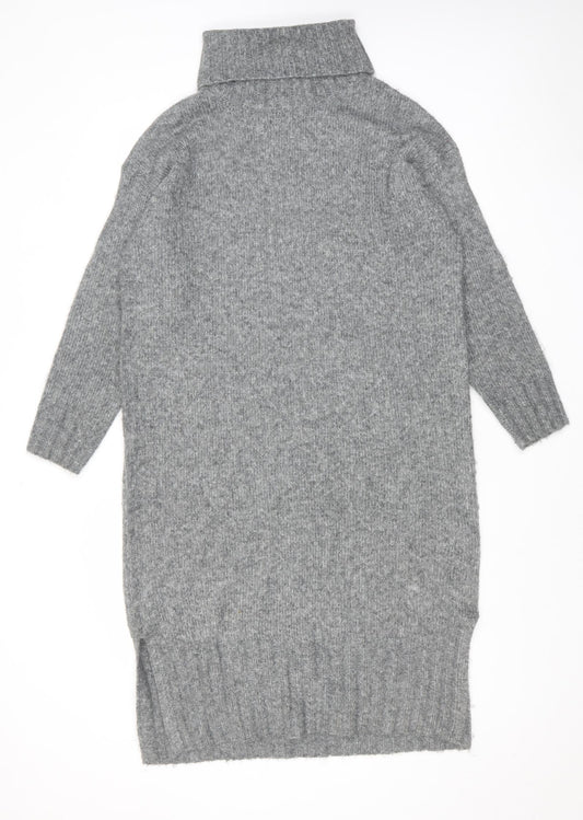 New Look Womens Grey Acrylic Jumper Dress Size M Roll Neck Pullover