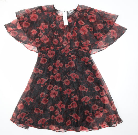 Topshop Womens Red Floral Polyester A-Line Size 12 Round Neck Zip