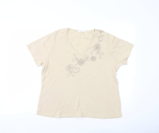 Marks and Spencer Womens Beige Cotton Basic T-Shirt Size 18 V-Neck - Flower Detail