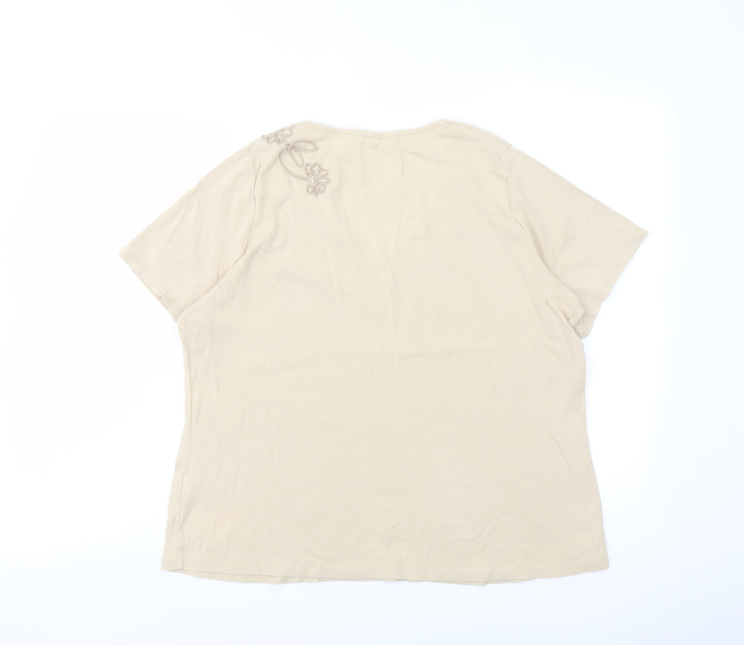 Marks and Spencer Womens Beige Cotton Basic T-Shirt Size 18 V-Neck - Flower Detail