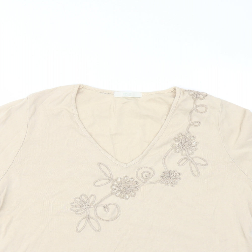 Marks and Spencer Womens Beige Cotton Basic T-Shirt Size 18 V-Neck - Flower Detail