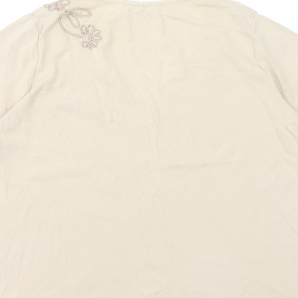 Marks and Spencer Womens Beige Cotton Basic T-Shirt Size 18 V-Neck - Flower Detail